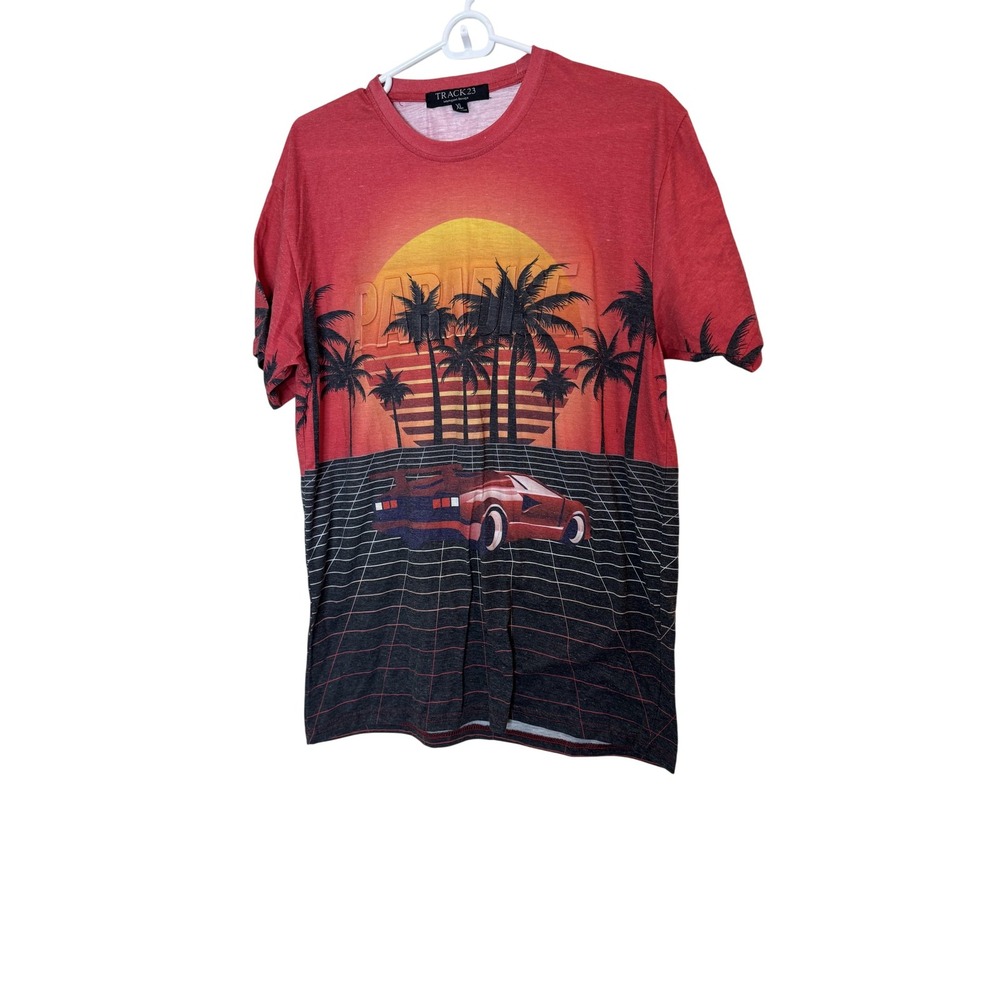 TRACK23 Shirt Mens XL Red Retro Car Palm Trees Sunset Graphic‎ Tee Beach Allover
